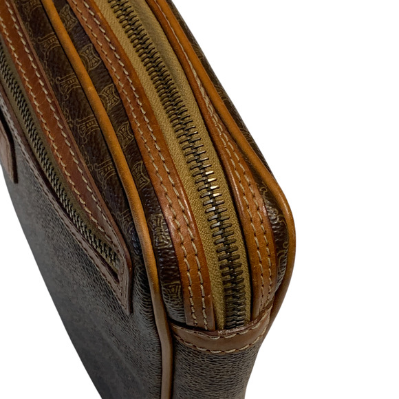 Vintage Celine Triomphe Macadam Clutch Brown Leather Canvas Wrist Handbag Unisex - Picture 10 of 15